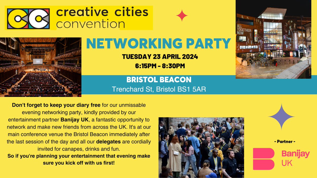 The Creative Cities Convention takes place at Bristol Beacon on the 23rd and 24th of April - not long to go! On the first night of this year's #CCC2024, we will be hosting our networking party thanks to our entertainment partners @BanijayUK More info: creativecitiesconvention.com/creative-citie…