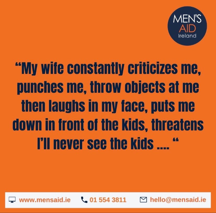 Men’s Aid Ireland (@mensaidireland) on Twitter photo Qtr 1 2024 Impact:
🟠2,068 Contacts
🟠197 court support & info appts
🟠12 outreach appts
🟠72 counselling appts
🟠32 men-group support
🟠11 workshops w 196 attendees
🌍15 nationalities
⚖️ Tackling domestic violence in Ireland #CoerciveControl
<a href="/DeptJusticeIRL/">Department of Justice, Home Affairs and Migration</a> <a href="/HMcEntee/">Helen McEntee TD</a> <a href="/tusla/">Tusla - Child and Family Agency</a> Qtr 1 2024 Impact:
🟠2,068 Contacts
🟠197 court support & info appts
🟠12 outreach appts
🟠72 counselling appts
🟠32 men-group support
🟠11 workshops w 196 attendees
🌍15 nationalities
⚖️ Tackling domestic violence in Ireland #CoerciveControl
<a href="/DeptJusticeIRL/">Department of Justice, Home Affairs and Migration</a> <a href="/HMcEntee/">Helen McEntee TD</a> <a href="/tusla/">Tusla - Child and Family Agency</a>
