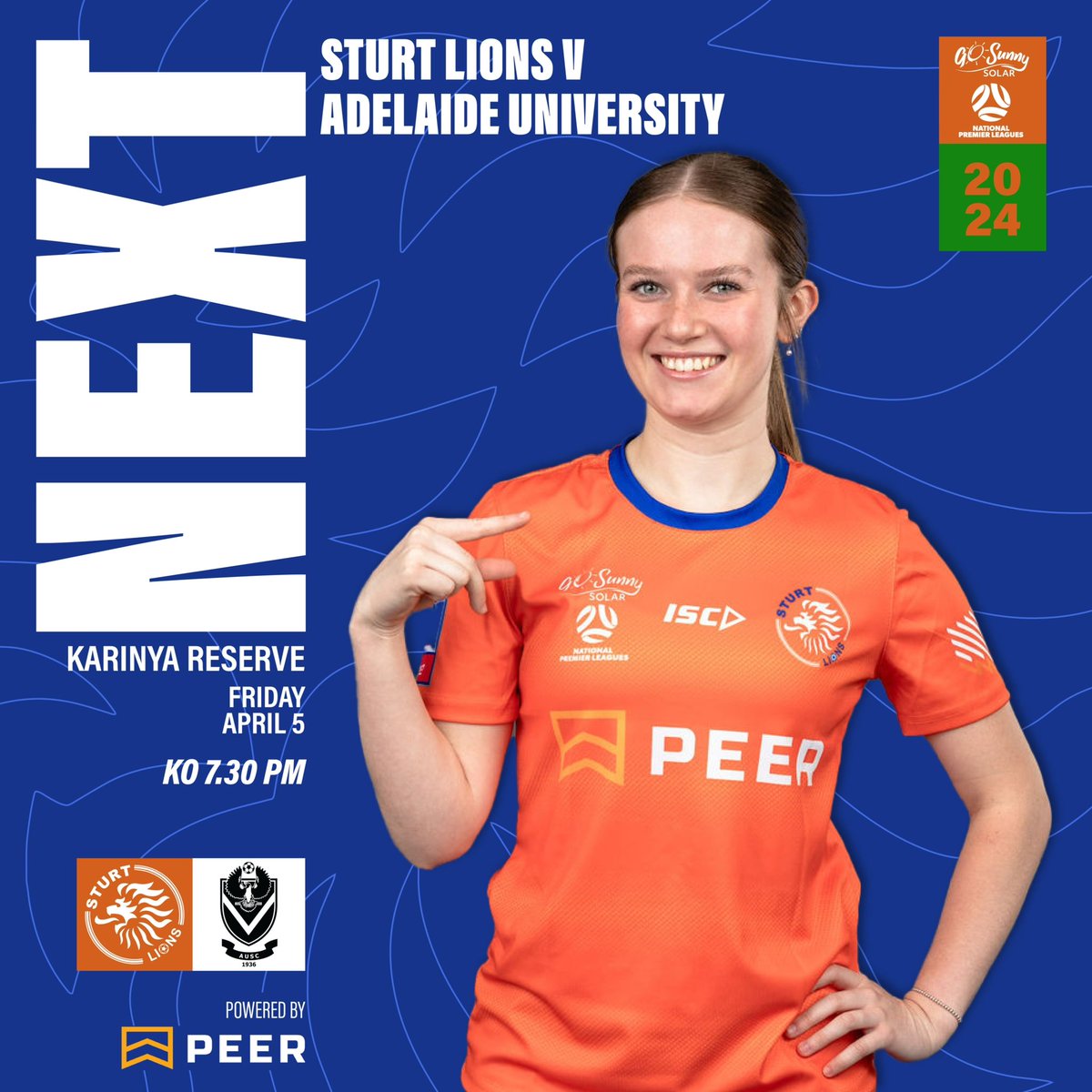Come to Karinya Reserve on Friday 5 April at 7.30 pm and support our senior women as they take on Adelaide University in Round 3 of the Go Sunny Solar WNPL! 

🆚 Adelaide University
🕕 7.30 pm
🏟️ Karinya Reserve

Go Lions!

🧡💙🦁⚽️