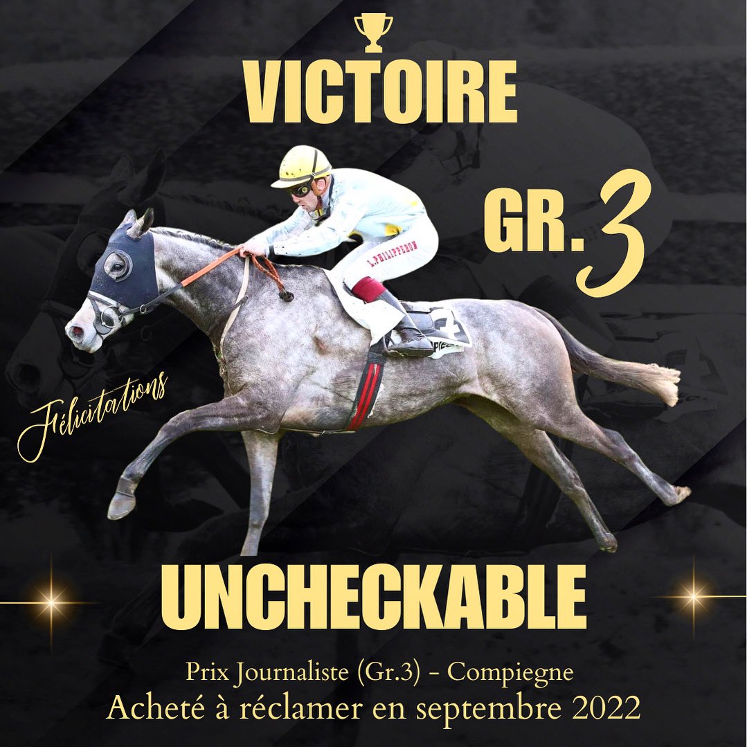 🏆 𝗨𝗡𝗖𝗛𝗘𝗖𝗞𝗔𝗕𝗟𝗘 (Maxios <a href="/coolmorestud/">Coolmore</a> ) s'impose pour la première fois au niveau 𝗚𝗥𝗢𝗨𝗣𝗘 à <a href="/HippoCompiegne/">Hippodrome Compiègne</a> pour le tandem G.Menato / L.Philipperon.

Félicitations à tout son entourage !

👉 Acquis à réclamer en Septembre 2022