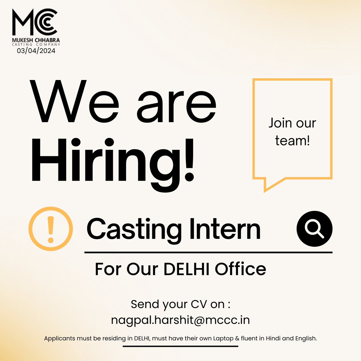 🎬 Exciting News! Join our team as we open doors for Casting Interns. Dive into the world of films with us! 🎭✨ Apply now and let the casting magic begin! 📍Location - MCCC Delhi Office A- 11, 2nd Floor, Above Geetanjali Salon, Main Shivalik Road,Malviya Nagar, New Delhi- 110017