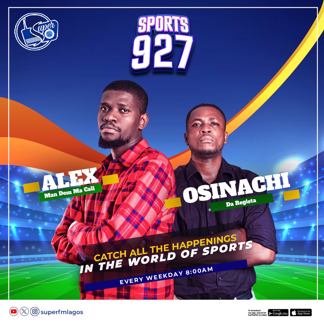 SuperFMLagos's tweet image. ON SPORTS 927 

📌 Eyinmba trash Kano pillars 5-0
📌 Arsenal go top of EPL table
📌 Simona Halep receives another wildcard in tennis
📌 NBA Results

Join @mandem55 and Osinachi for the latest news in sports this morning.

#Superfmlagos

Listen online 👉🏾 superfm.online/lagos