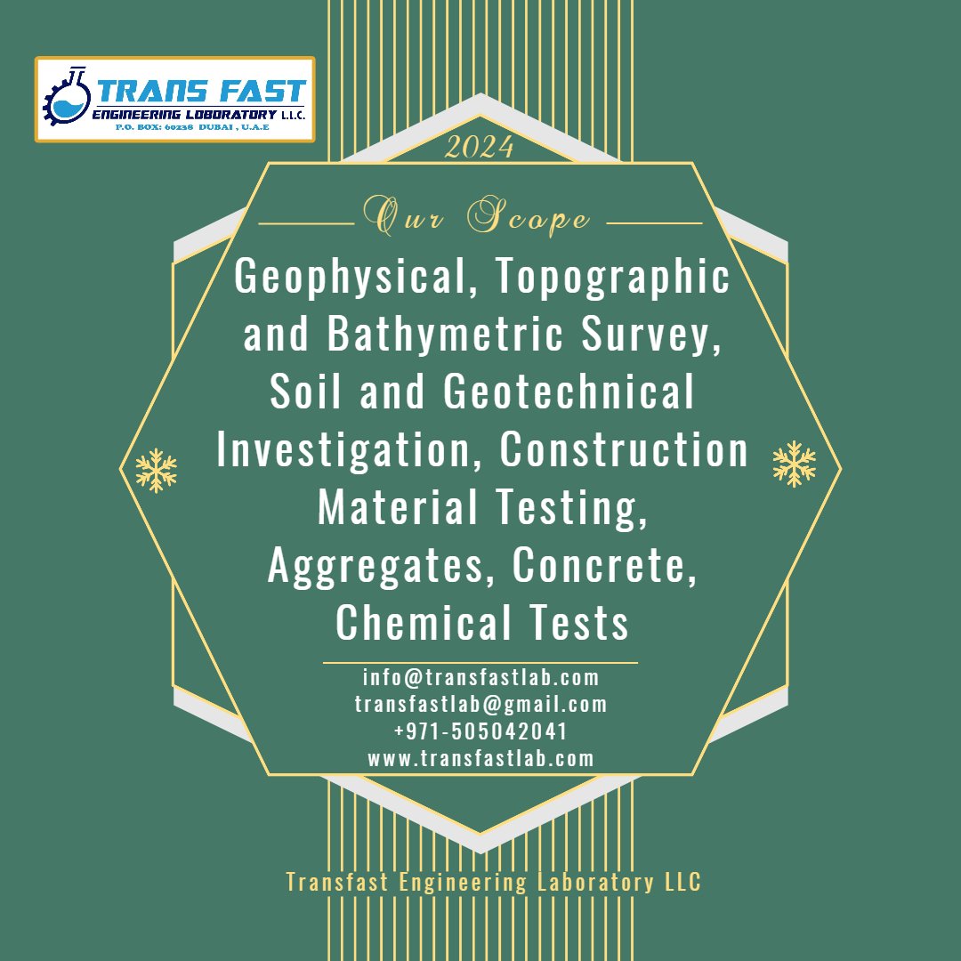 TransfastDubai's tweet photo. Geophysical, Topographic and Bathymetric Survey, Soil and Geotechnical Investigation, Construction Material Testing, Aggregates, Concrete, Chemical Tests
transfastlab@gmail.com 
Info@transfastlab.com
labbdo2@gmail.com
https://t.co/QPJ98nVFqO
#TRANSFAST #testing #lab #labtest https://t.co/yPszukwJmS