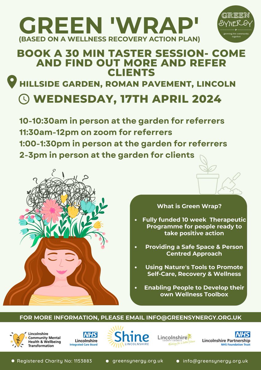 Join our free Green Wrap project in Lincoln. Focusing on personal growth, well-being tools, connection to nature, and the health benefits of green spaces. Introductory taster sessions available for professionals and individuals. Contact info@greensynergy.org.uk to book a session.