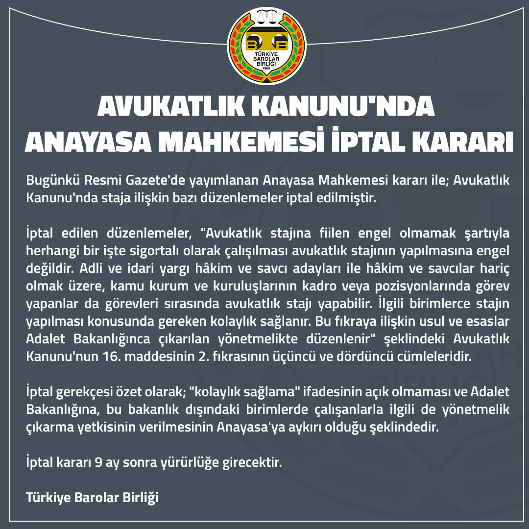 Avukatlık Kanunu'nda Anayasa Mahkemesi İptal Kararı 👉 tbb.av.tr/1138