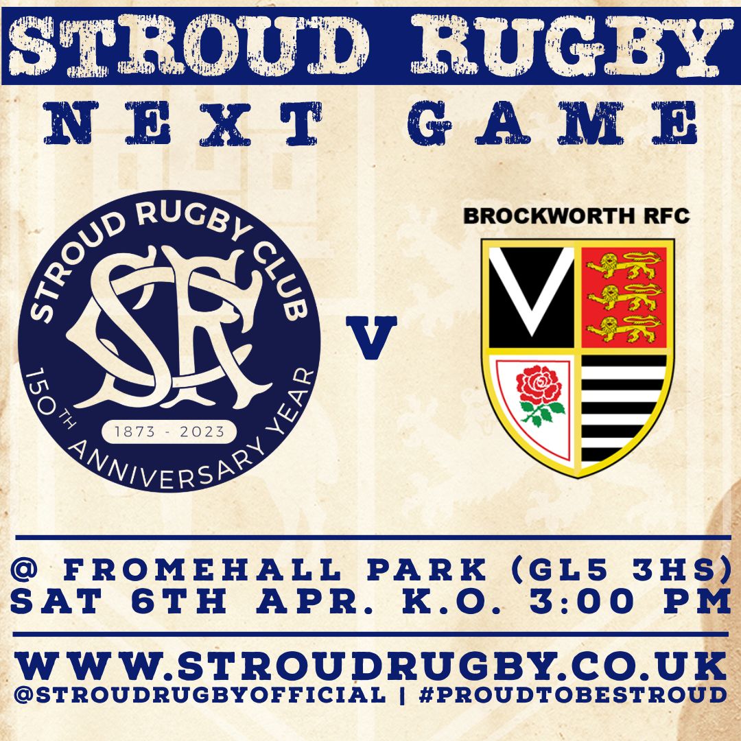 SATURDAYS GAME Brockworth visit us at Fromehall Park for the last league game of the season! 🏆 Counties 2 Gloucestershire North 🗓 Saturday 6th April 🏉 @BrockworthRFC @ Fromehall Park (GL5 3HS) 🕒 Kick Off - 3:00pm #proudtobestroud #thefutureisbright #thefutureisblueandwhite