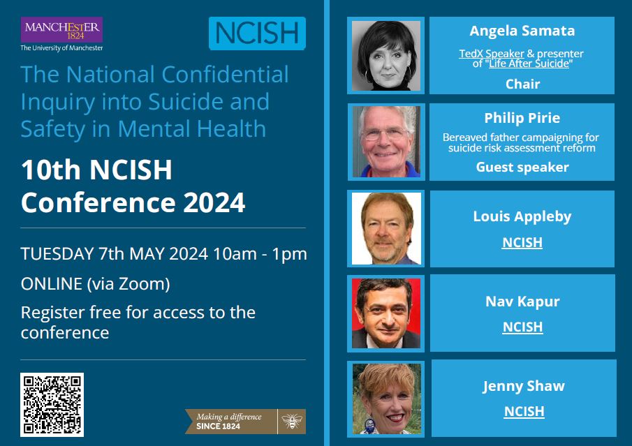 Join @NCISH_UK w/@Angelasamata & @philippirie for our 10th NCISH conference on 7th May (10am-1pm) Our latest findings on patient safety in mental health settings & our recent report into suicide by ppl in contact w/drug & alcohol svcs will be presented tinyurl.com/n55xnr7y