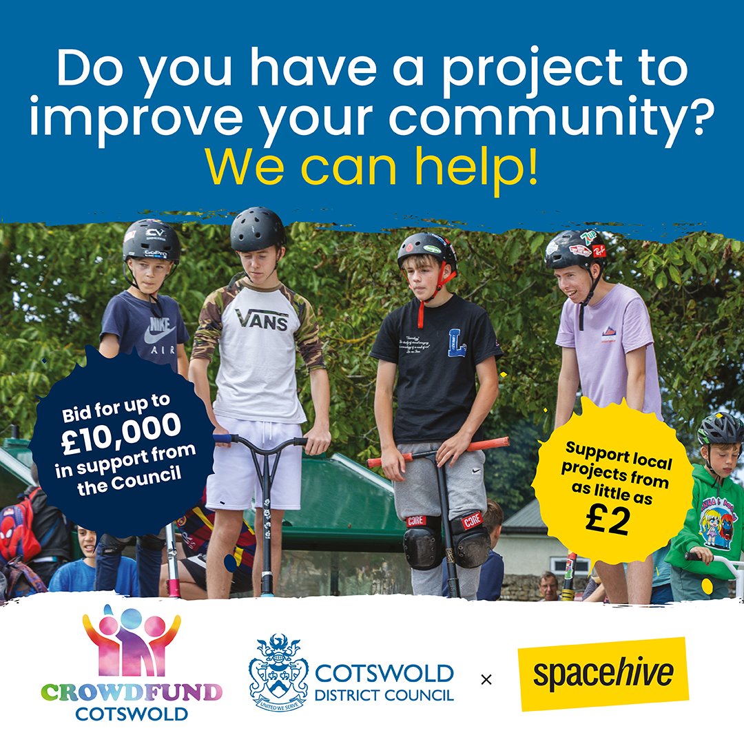 💡 Do you have ideas to improve your community? 🙋 #CrowdfundCotswold has helped fund over £850,000 for local projects! 🌟 Have a project in mind? Start crowdfunding today and access up to £10,000 in support from the Council! Learn more 🔗 spacehive.com/movement/crowd… @Spacehive