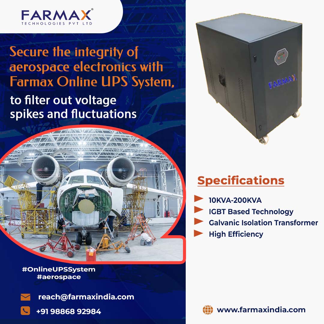 'Secure The Integrity of Aerospace Electronics with FARMAX Online UPS System, To Filtering Out Voltage Spikes and Fluctuations'
#farmax #onlineupssystem #OnlineUPS #upssystem #UninterruptiblePowerSupply #Voltage #VoltageStability #powersupply