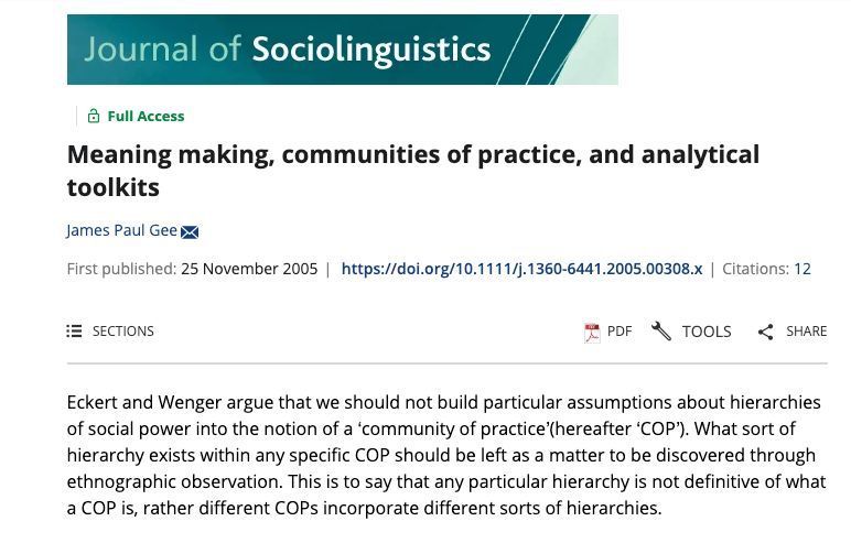 ✨ #JSLX Dialogue #flashback: 'Communities of practice in #sociolinguistics'(2005). ➡️ 2nd response by James Paul Gee: 'Meaning making, #communities of practice, and analytical toolkits'. 🌐 Free access: buff.ly/3PweeZ1