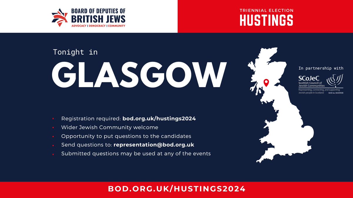 Tonight in Glasgow, we will be holding our third election hustings event. Come meet the candidates and ask them your questions. In partnership with @SCoJeC. For more info on all of our hustings events and to register, please visit: bod.org.uk/hustings2024