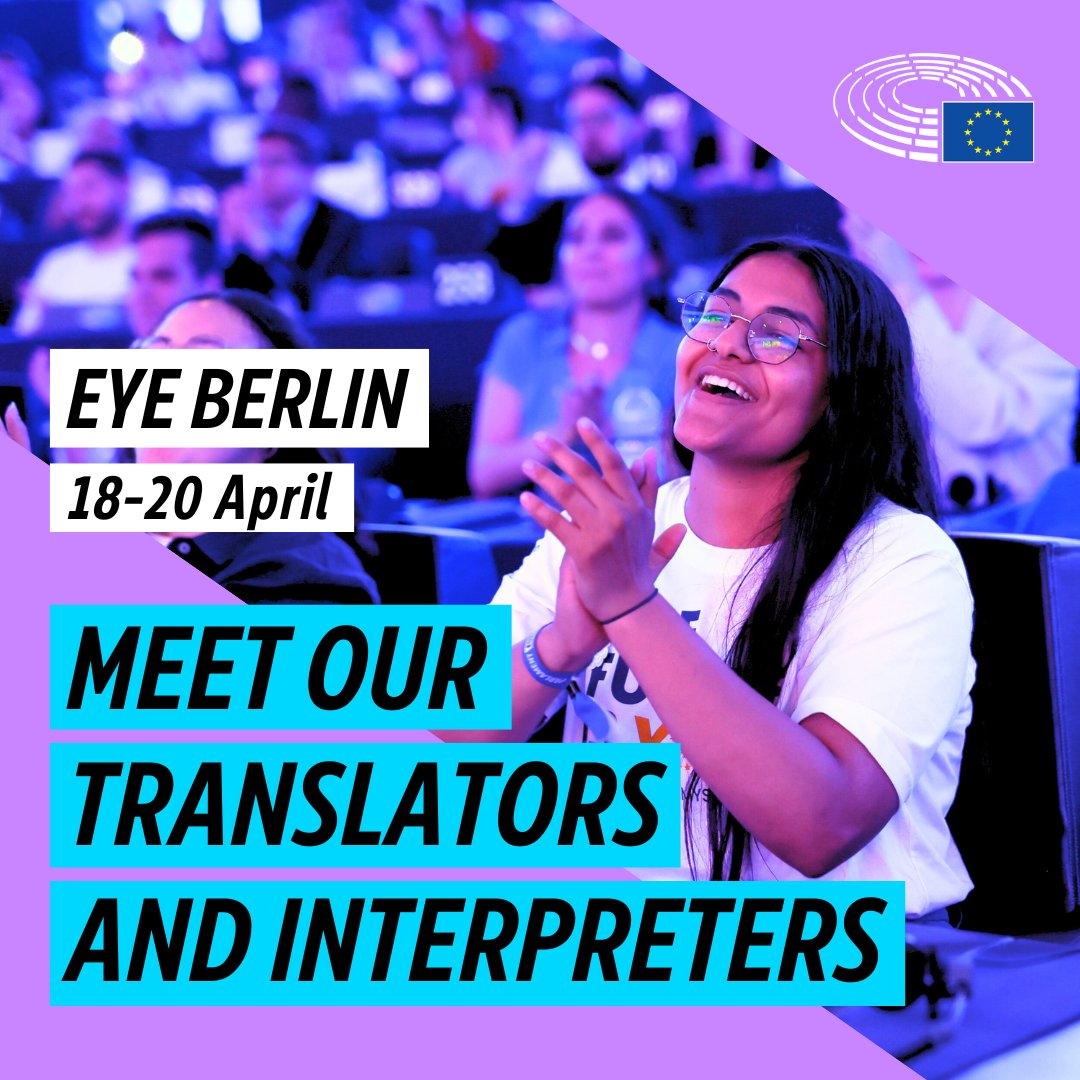 Exciting news alert: we’ll be at EYE Berlin! 🤩 Save the date and come meet the @Europarl_EN’s translators and @EP_Interpreters. 🗓️ Join us on 18-20 April 📍 Colloseum, Berlin (Schönhauser Allee 123,10437 Berlin) @eyp_network @Europarl_EYE