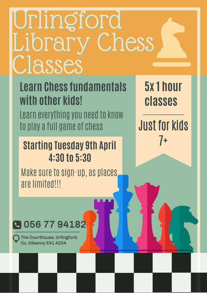 Beginner Children's chess class starting Tuesday 9th April 4.30-5.30pm for five weeks, if interested just phone 0567794182. Chess club resumes on same day at later time of 5.30-6.30pm for children who can play already. #Chess #LibraryEvents #UrlingfordCommunity