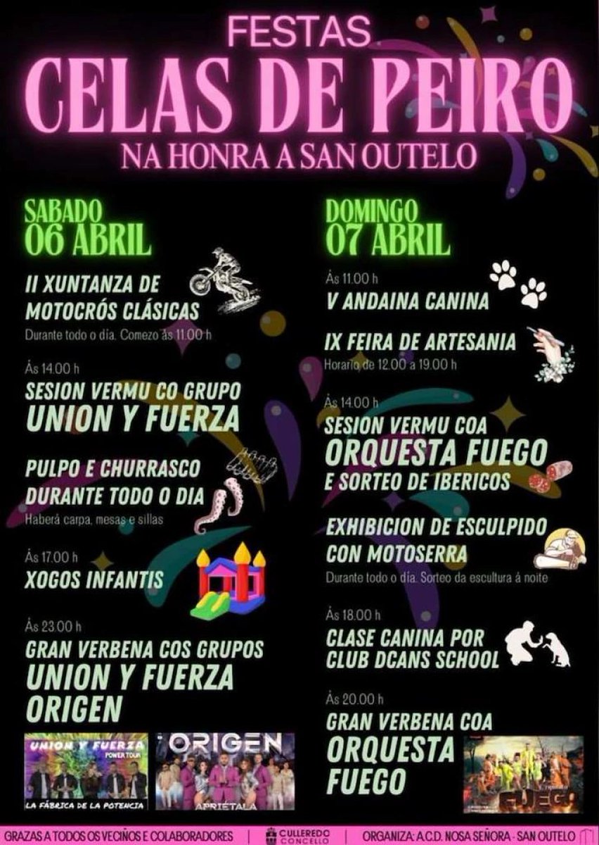 ConcCulleredo's tweet photo. 🎉 Fin de semana de festas na parroquia de #Celas! 🎉 
 
💃🏻 Achégate a bailar unhas pezas este sábado e domingo, 6 e 7 de abril. https://t.co/QF3ehm2zlP