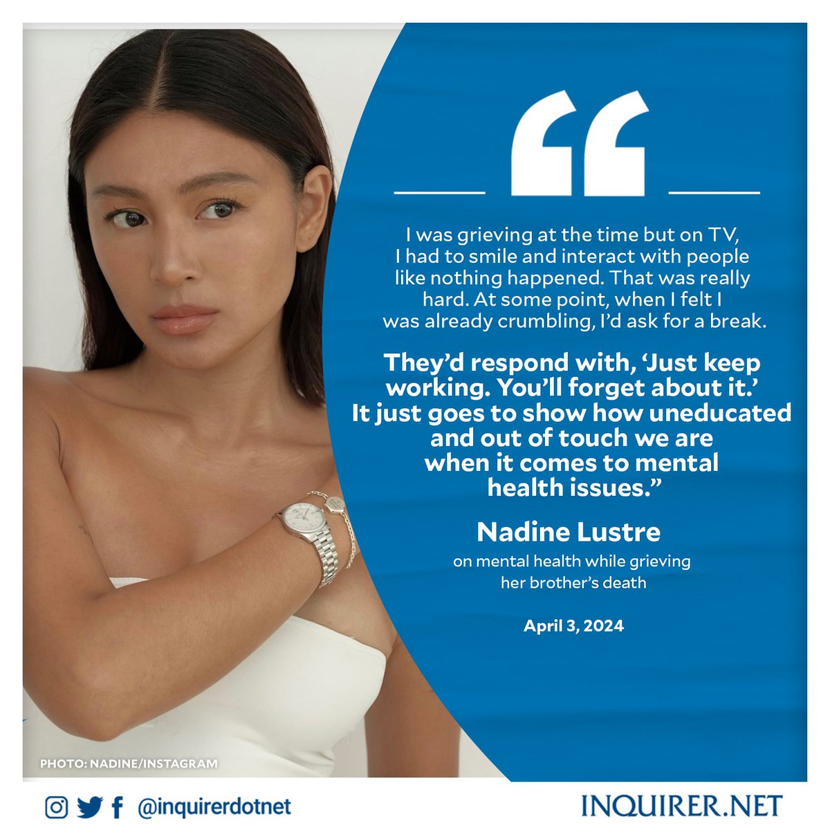 inquirerdotnet's tweet photo. Nadine Lustre opened up about the time she was told to “just keep working” while grieving the death of her brother Isaiah in 2017, which she noted is an example of how “out of touch” the public is when it comes to mental health issues.

READ MORE: https://t.co/mMBwHOeEYy https://t.co/lnjXYsOfgO
