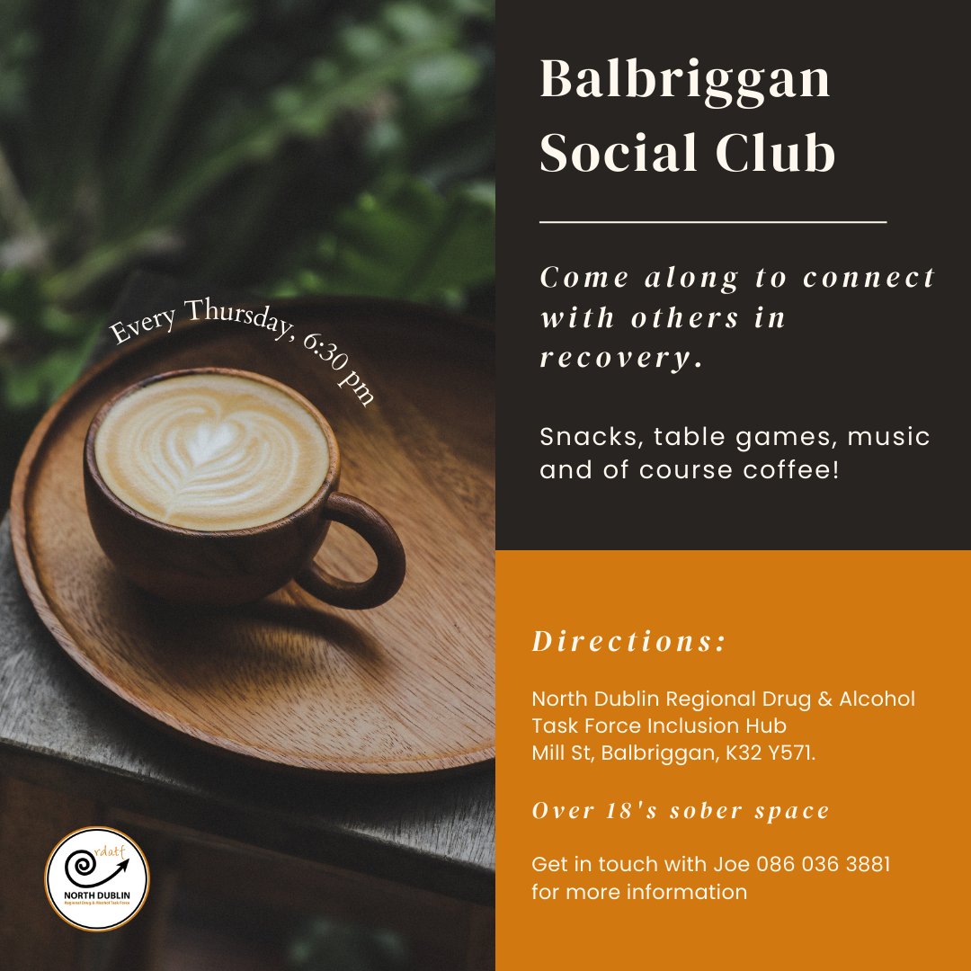 Weekly Balbriggan Recovery Social Club Non-judgemental support, FREE and confidential. Balbriggan, K32Y571. 01 223 3493 | info@ndublinrdtf.ie #recovery #reduceyouruse #supportdublin