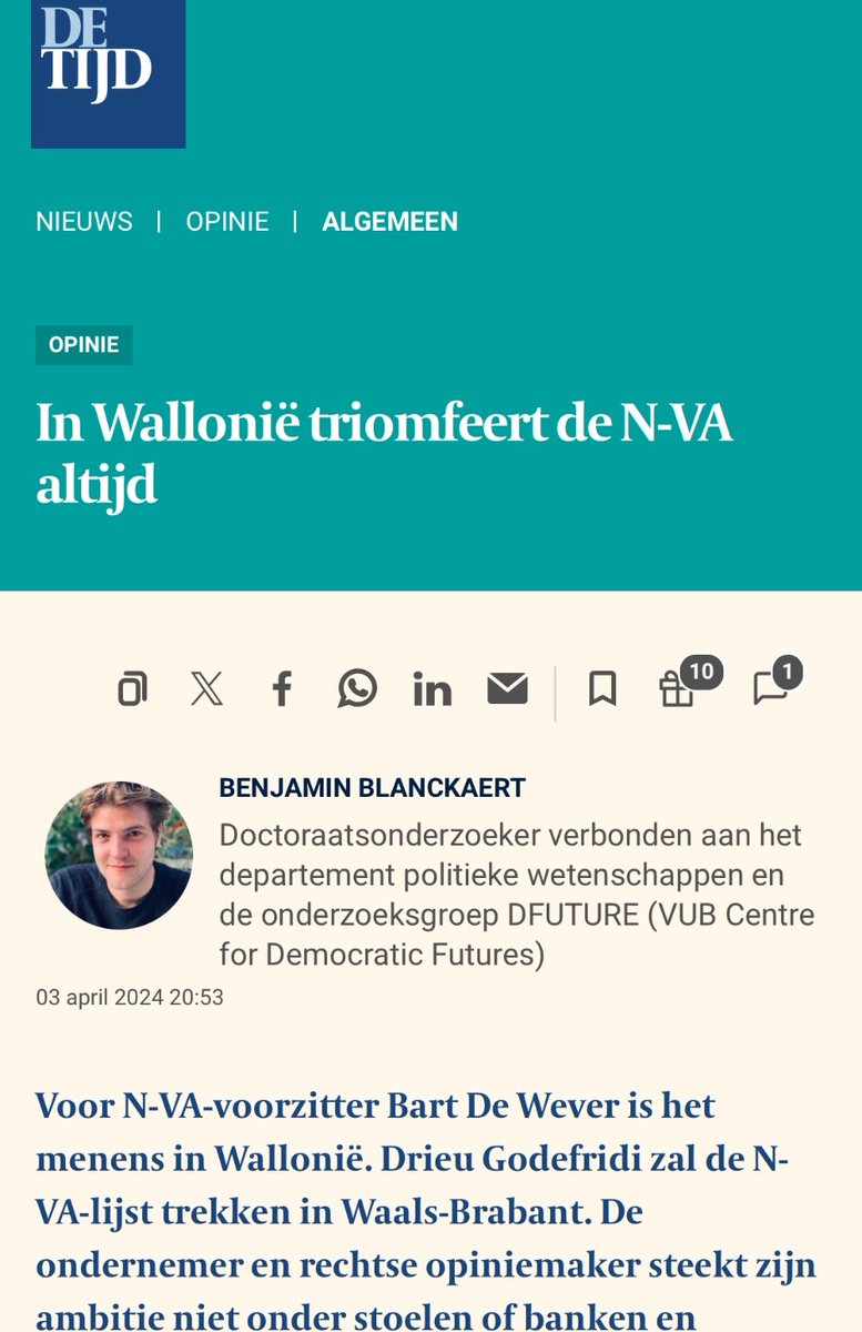 📰 New opinion piece ! @benjamin_blanck analyses the strategy of Flemish party N-VA in Wallonia for the upcoming Belgian federal elections in newspaper @tijd. 🇧🇪 🗳️ 🔎Read it here: tijd.be/opinie/algemee…