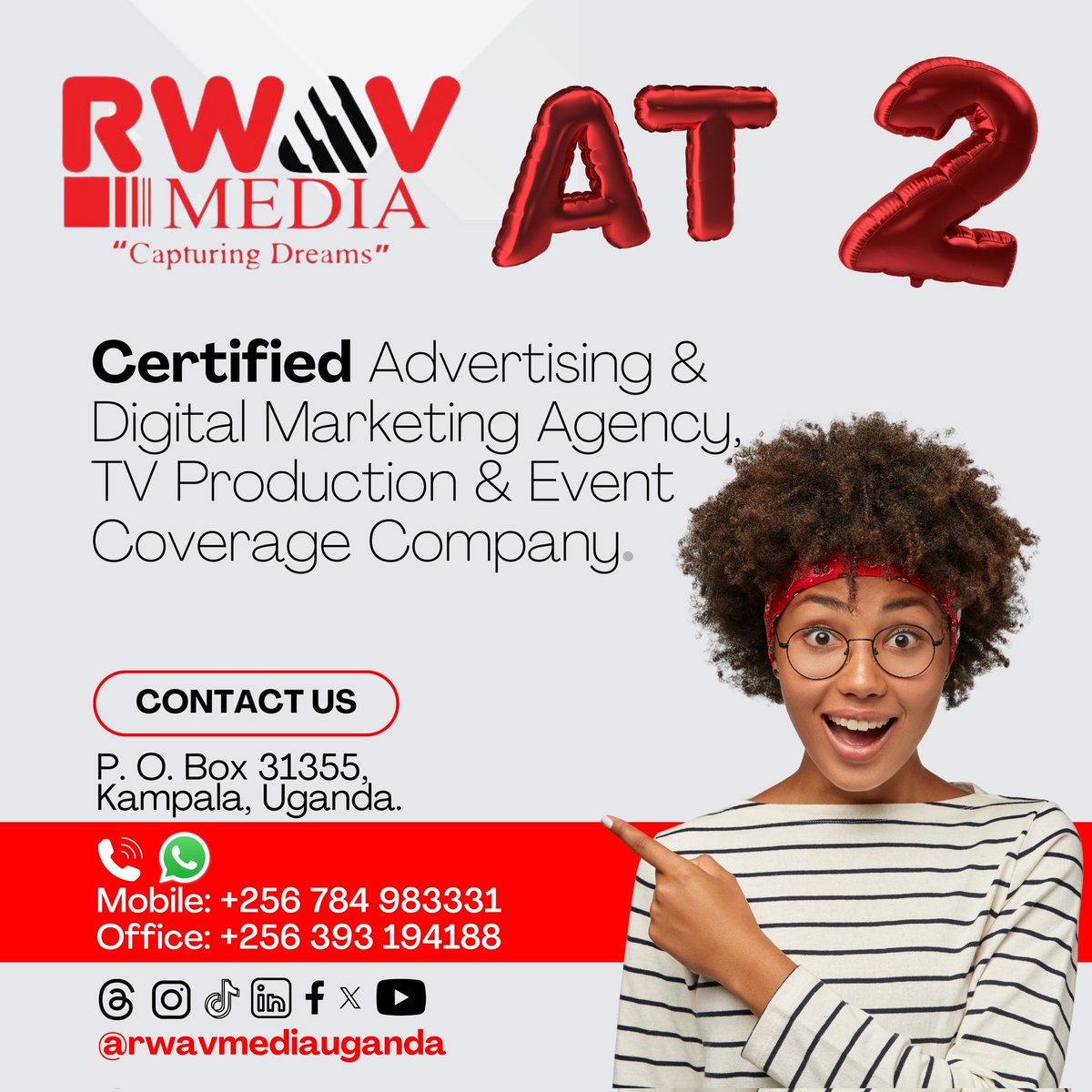 rwavmediauganda's tweet photo. We are celebrating 2 years today! 😊
#rwavmedia #advertising #digitalmarketing #tvproduction #eventcoverage https://t.co/7qTBQqzKmq