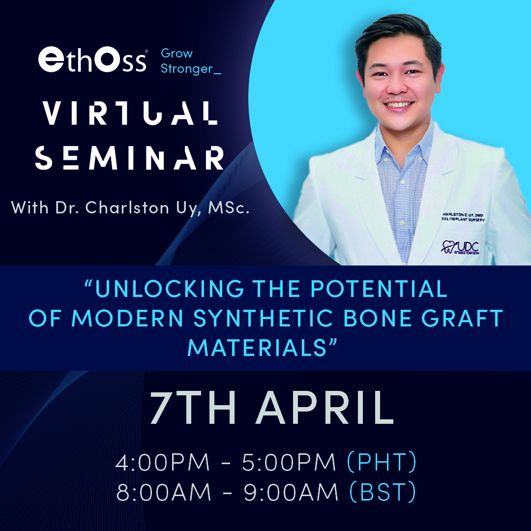 There are only 3 days to go until our next virtual seminar hosted by Dr. Charlston, where he will discuss Modern Synthetic Bone Graft Materials.

Register now - hubs.la/Q02rHf300

#IDEM #dentalwebinar #dentalbonegraft #ethossbonegraft #dentalimplants #dentalimplantolog