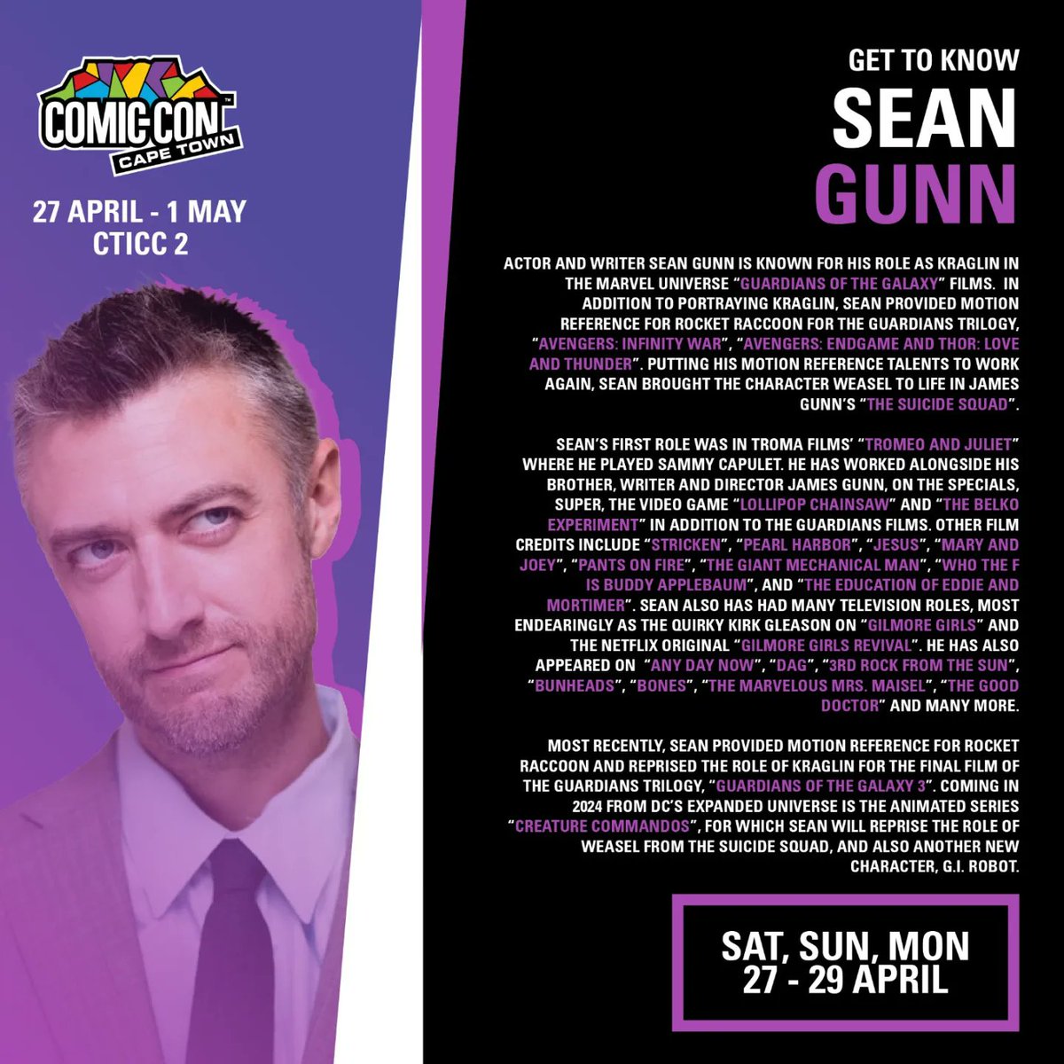 Con-goers, we have one more international guest! 🥳

The multi-talented actor <a href="/seangunn/">Sean Gunn</a> will be joining us at #ComicConCapeTown from April 27th to 29th at CTICC 2.

Come say hi 🖐