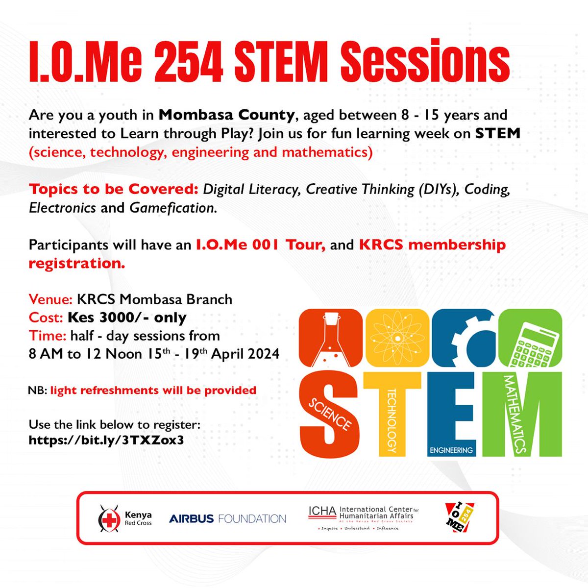 iome254's tweet photo. Are you interested to Learn through Play during this holiday season? Join us at The Kenya Red Cross Mombasa Branch, next to Koblenz Hall for a full-week of fun- learning on STEM during the school holiday period, from 15th - 19th April from 8:am-1pm. https://t.co/xyCoJ0zh2L