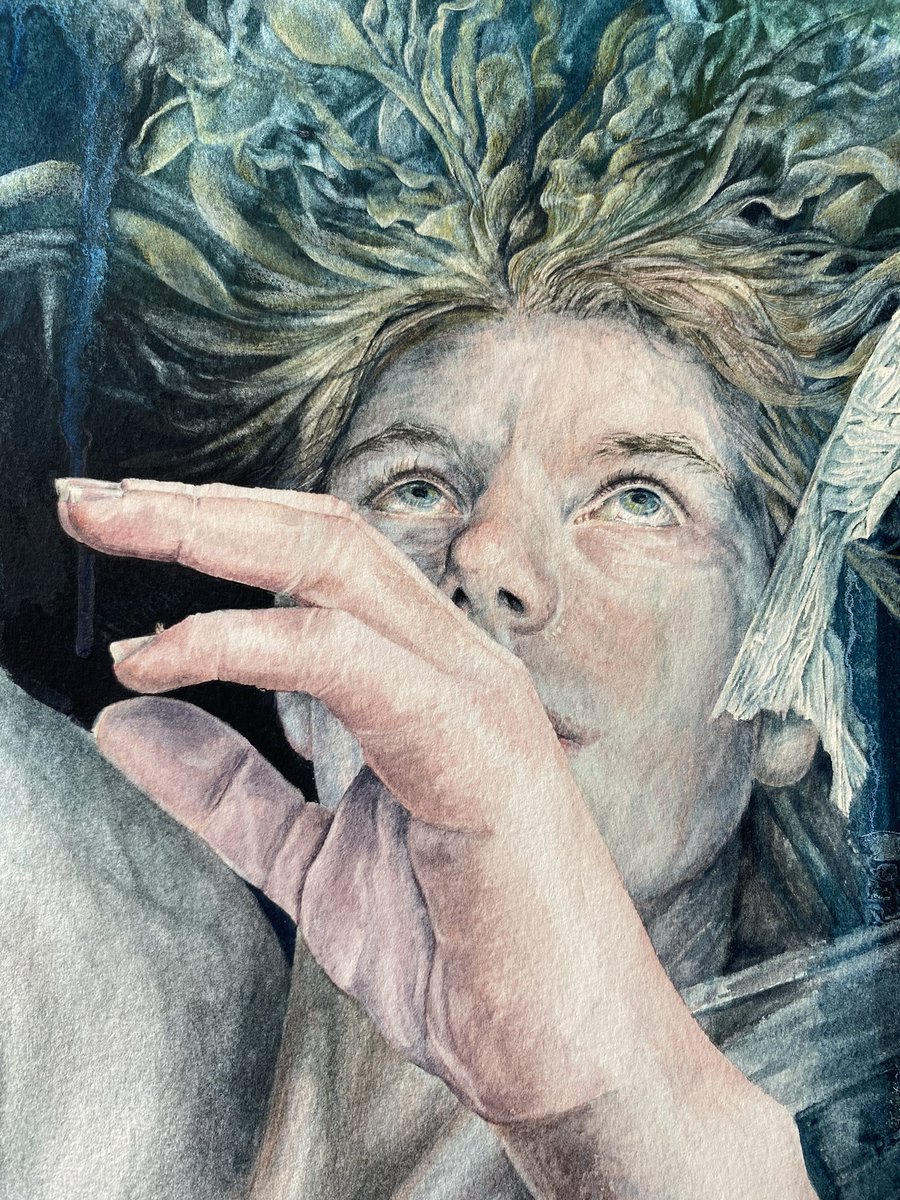 Details of ‘Adrift’ #watercolour 145 x 85cm currently #exhibiting in the 212th Annual #exhibition @RIwatercolours @mallgalleries until 13 April #Adrift #clairesparkes #watercolourpainting #plasticpollution #plasticsoup #narrativeart #figurativepainting #mythology #artwork #art