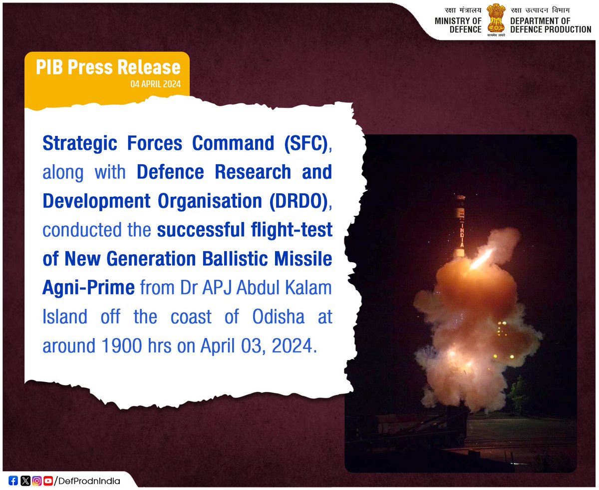 Another boost to #AatmanirbharDefence New Generation Ballistic Missile Agni-Prime successfully flight-tested by Strategic Forces Command & DRDO off the Odisha coast. Details 👉🏻 pib.gov.in/PressReleasePa… #DRDO #MakeinIndia #AgniMissile