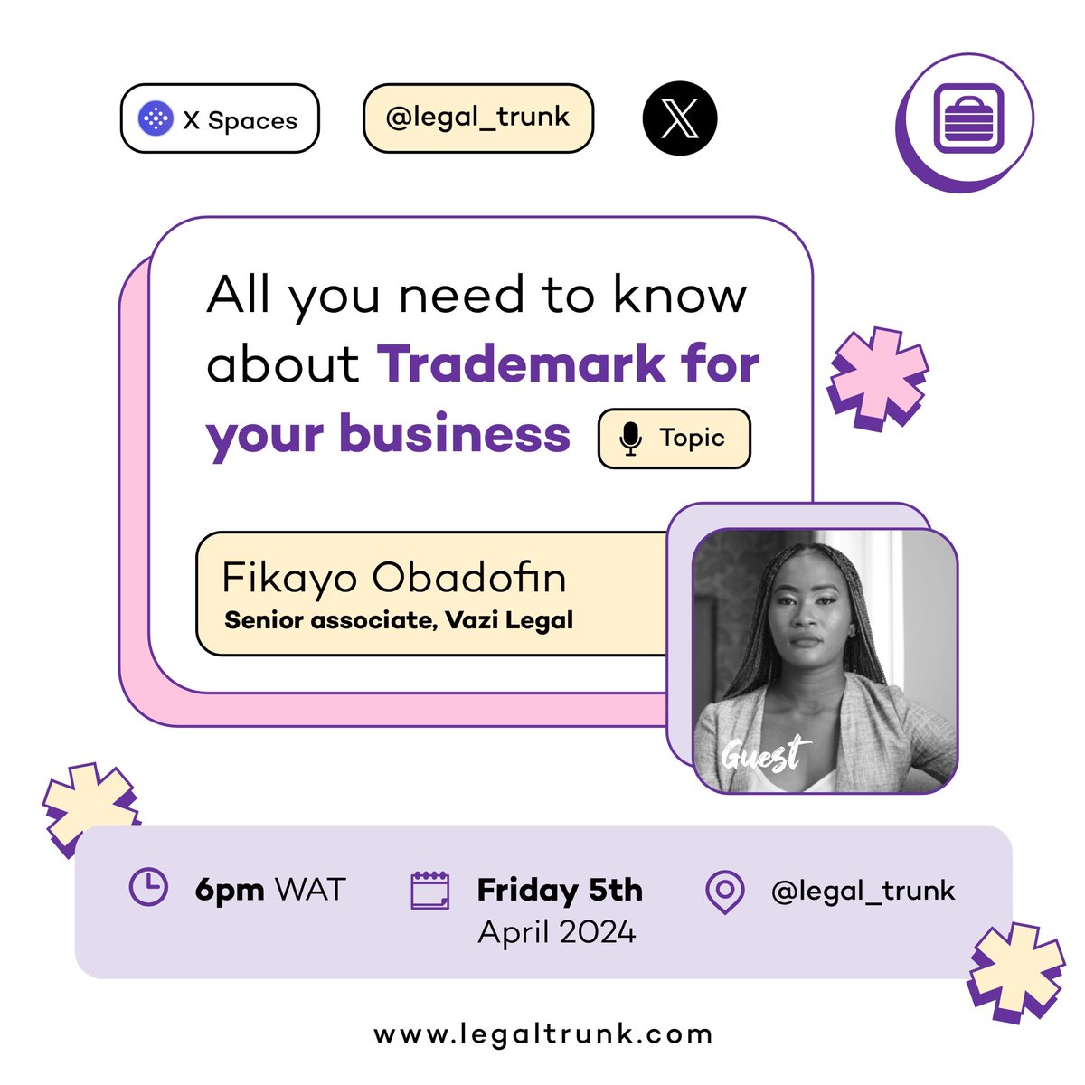 Happening tomorrow! 

Gentle reminder to join us tomorrow April 5, 2024 as we discuss the importance of trademark for your business. Click the link below to set a reminder if you haven’t. 👇🏾

x.com/i/spaces/1rdgl…

See you there! 
#LegalTrunk #Trademarkregistration