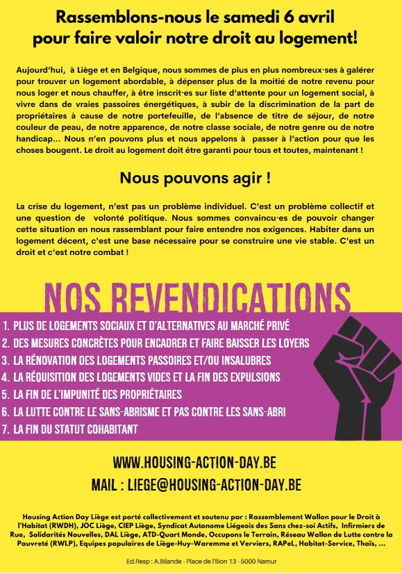 Le 6 avril, nous vous attendons nombreuses et nombreux pour proclamer avec nous dans les rues liégeoises que l'accès au logement pour tous mérite plus d'actions du politique ! @HDay2021