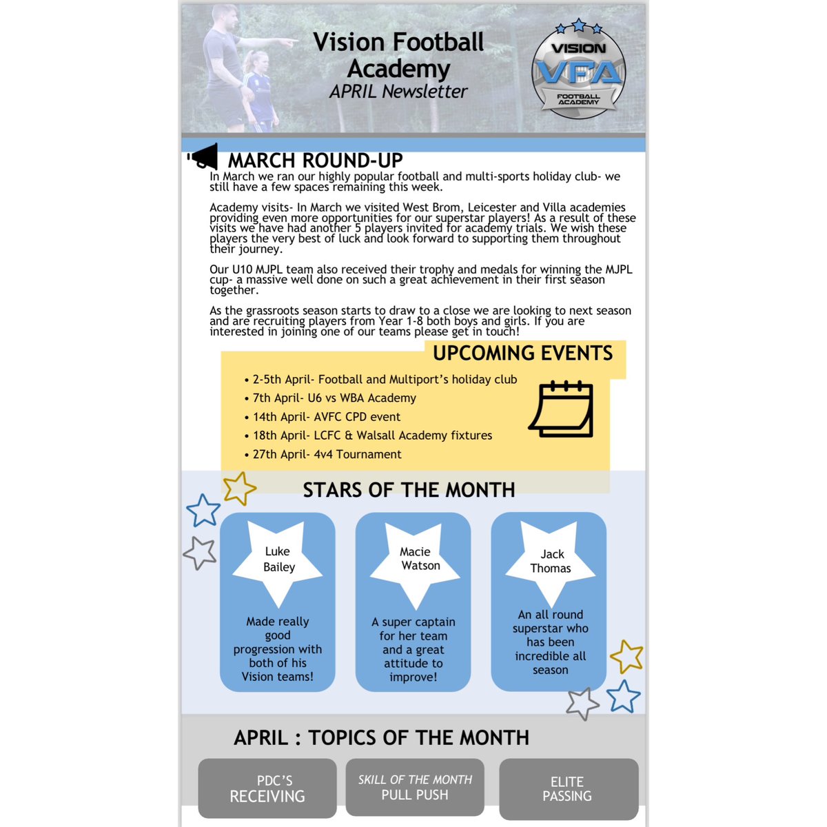 Vision_FA's tweet image. ⭐ APRILS NEWSLETTER ⭐

Check out our latest newsletter with a roundup of March’s events and the new events to come in April.

A big well done to our stars of the month and those who made team of the month 👊🔥