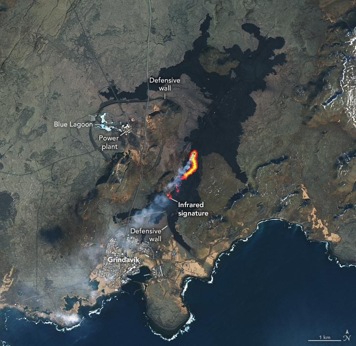 This satellite image shows the current eruption ongoing close to Grindavík. The town has been evacuated for a few weeks. There were 'walls' built around the power plant (and Blue Lagoon) and the town. The current eruption is the longest running of the newest batch (2023-2024).