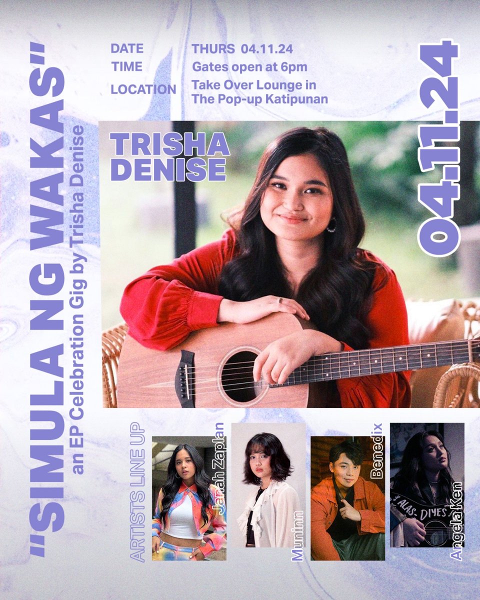 StarPop PH (@starpopph) on Twitter photo GIG DAY, TRISHA DAY! 🎶
Join us in celebrating the "Simula Ng Wakas" EP by the singer-songwriter, <a href="/iamtrishadenise/">Trisha Denise</a>! Guests from ABS-CBN Music include <a href="/JanahZaplan/">Janah Zaplan</a>, <a href="/muninnph/">muninn</a>, <a href="/BenedixRamos/">Benedix Ramos</a>, and <a href="/anqelaken/">Angela Ken</a>! ✨
See you there! 😍
#TrishaDenise
#SimulaNgWakasGig GIG DAY, TRISHA DAY! 🎶
Join us in celebrating the "Simula Ng Wakas" EP by the singer-songwriter, <a href="/iamtrishadenise/">Trisha Denise</a>! Guests from ABS-CBN Music include <a href="/JanahZaplan/">Janah Zaplan</a>, <a href="/muninnph/">muninn</a>, <a href="/BenedixRamos/">Benedix Ramos</a>, and <a href="/anqelaken/">Angela Ken</a>! ✨
See you there! 😍
#TrishaDenise
#SimulaNgWakasGig