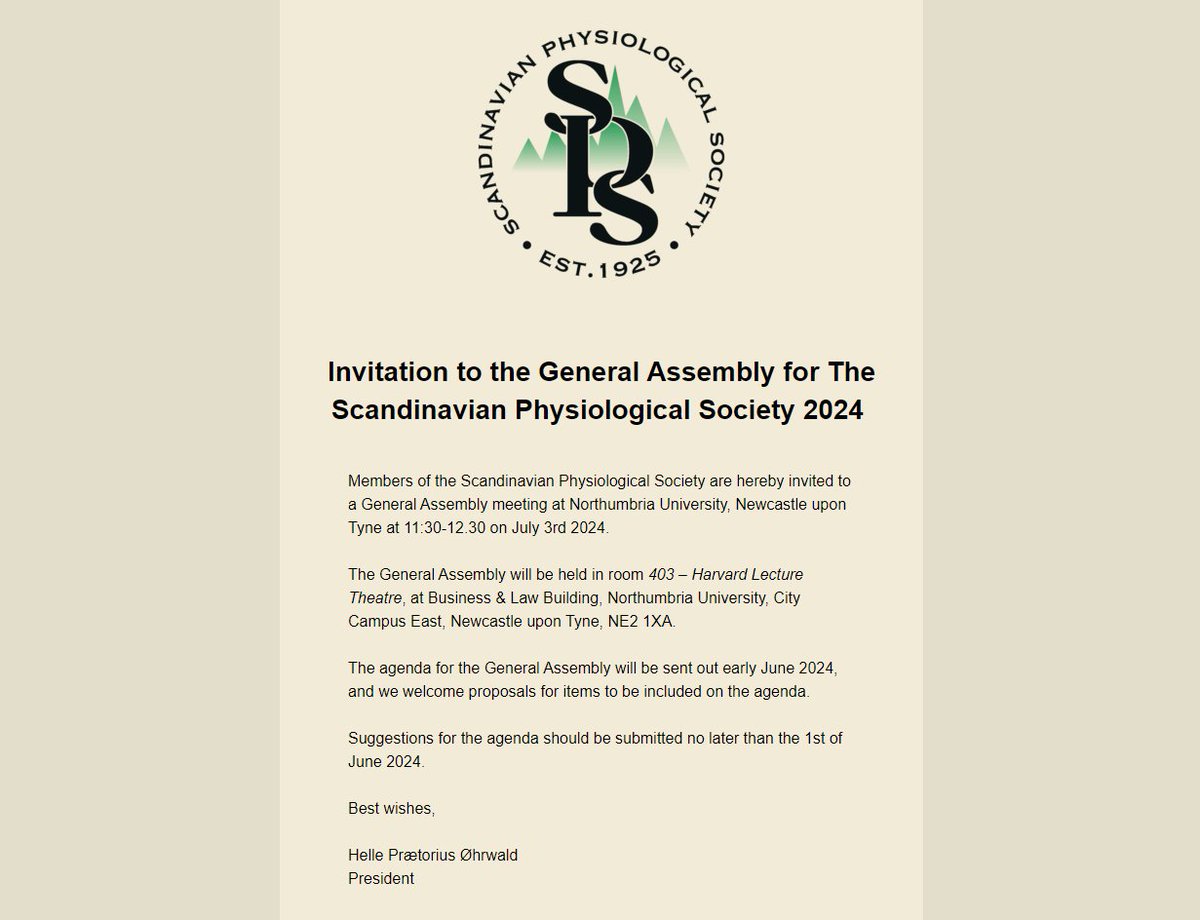 Everyone with an interest in The Scandinavian Physiological Society are cordially invited to our General Assembly in Newcastle, UK on 3 of July 2024. Find the specifics in the invitation below ✉️👇