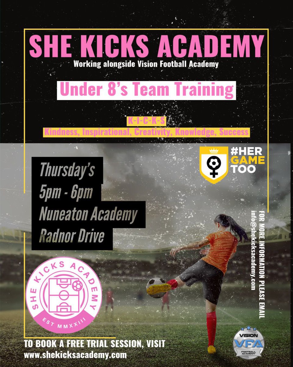 Vision_FA's tweet image. ⚽️ SHE-KICKS-ACADEMY ⚽️

We are looking for girls to join our brand new girls team who are currently in year 1 &amp;amp; 2. 

To book a free trial please visit: 

shekicksacademy.com

#hergametoo