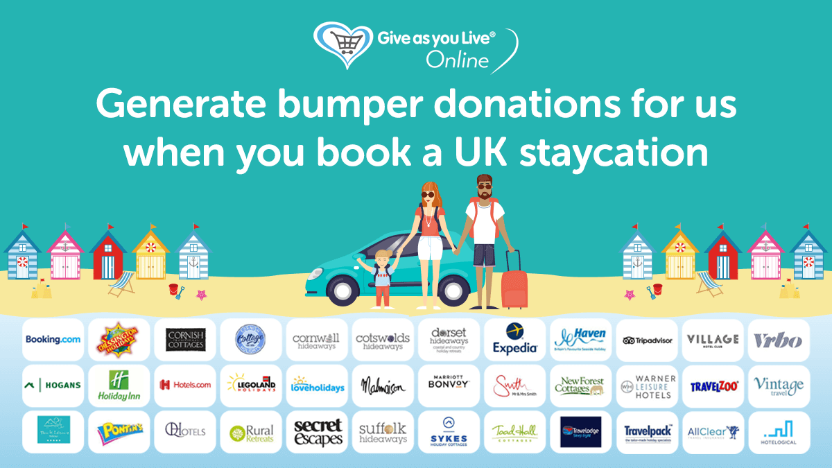 Planning a UK staycation this year? No matter where you go, there are bumper FREE donations to be raised for us when you visit @GiveasyouLive Online before you book! - It's free - There's a handy app - There are over 6,000 stores! > bit.ly/43oIB8X
