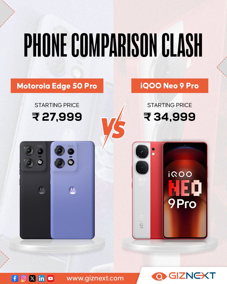 GizNext's tweet image. Two phones, one choice – which will be your perfect match❓

IQOO Neo 9 Pro, the powerful Dual Chip Performance Monster or Motorola Edge 50 Pro, the World’s 1st AI Powered Pro-Grade Camera. 📱🚀📷
.
.
.
#MotorolaEdge50Pro #iQOONeo9Pro #comparison #smartphones #gadgets #giznext