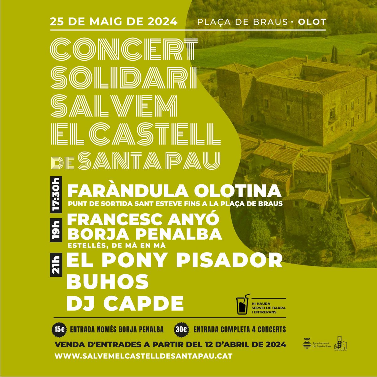 🎉El dissabte 25 de maig es prepara una de molt grossa a la plaça de Braus d'Olot 👇 CONCERT SOLIDARI SALVEM EL CASTELL DE SANTA PAU 17:30h @FarndulaOlotina 19h @BPenalba i @FrancescAnyo (espectacle Estellés, de mà en mà) 21h @elponypisador @buhosoficial i @djcapde