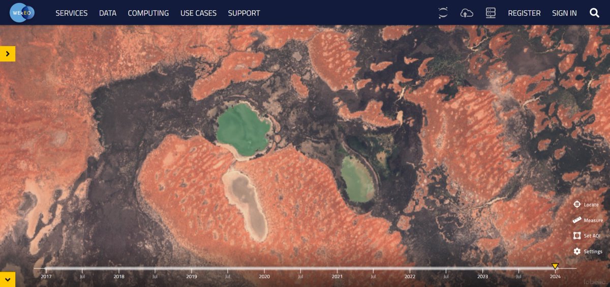 🛰️ Explore the uniqueness of inland Australia through the eyes of Sentinel-2. This satellite view reveals the distinctive features and colours of this fascinating land 🇦🇺 Find more satellite imagery on #WEkEO 👇 wekeo.eu/data?view=view…