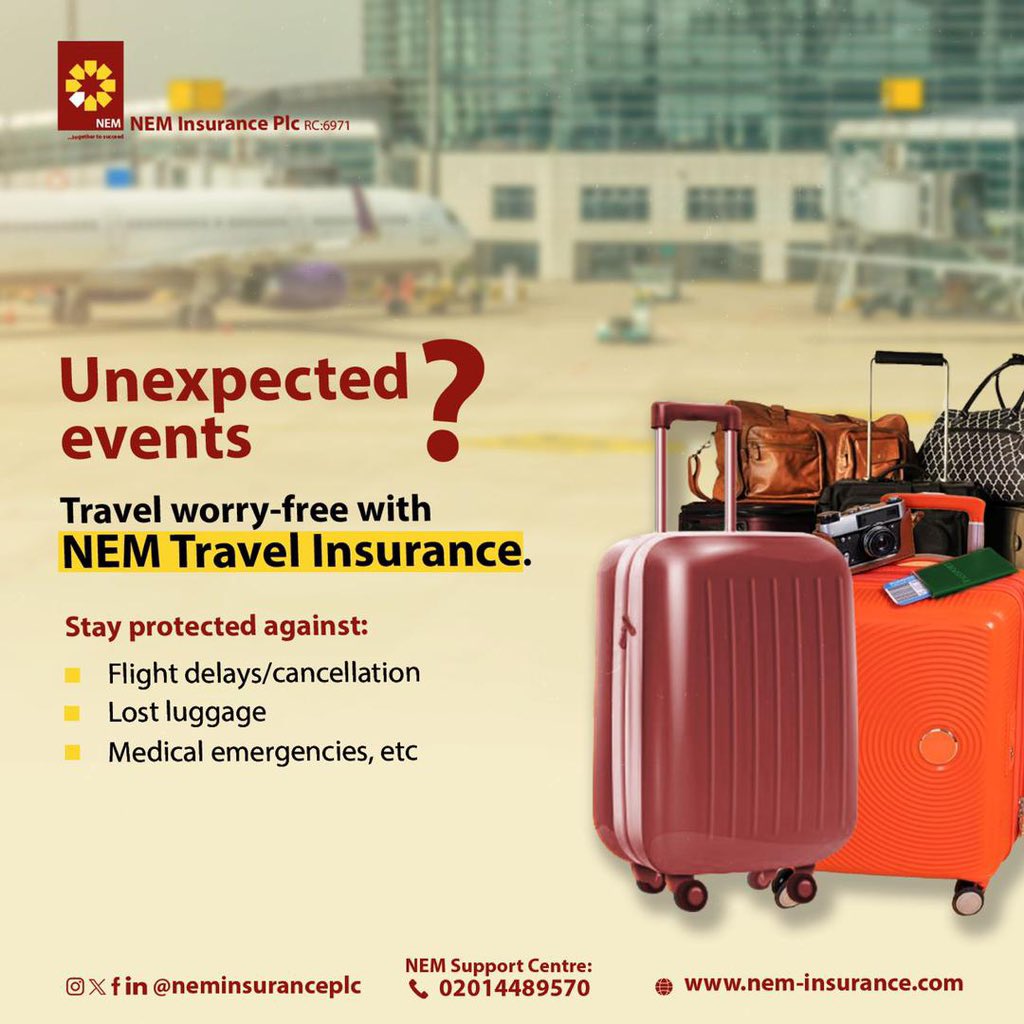 Unexpected events? No worries😀 With NEM Travel Insurance✈️, your journeys are protected against Flight Delay, Medical Emergencies, Lost Luggage etc. Send us a DM to get started today! #TravelInsurance #NEMInsurancePlc #benemsure