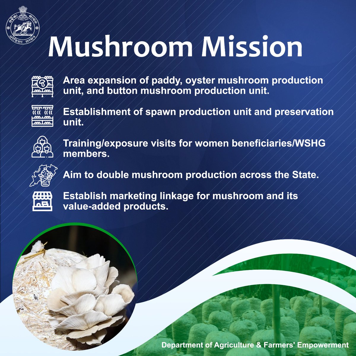 Empowering women and boosting farm income, #MushroomCultivation is thriving in #Odisha. Through Women Self-Help Groups and individual women farmers, the state is promoting sustainable agriculture, providing quality food, enhancing health, and nurturing the environment.