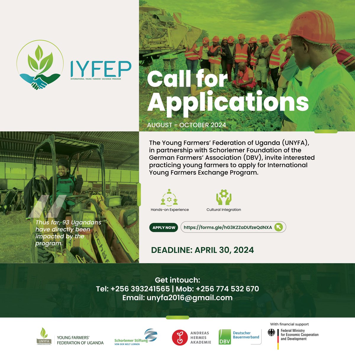 Are you looking for an opportunity to cultivate cross-cultural connections and agricultural expertise? Join the #IYFEP August - October cohort for an enriching exchange between Uganda and Germany! Apply now: forms.gle/hG3KZZaDUfzeQd… #YoungFarmers @felixdoo