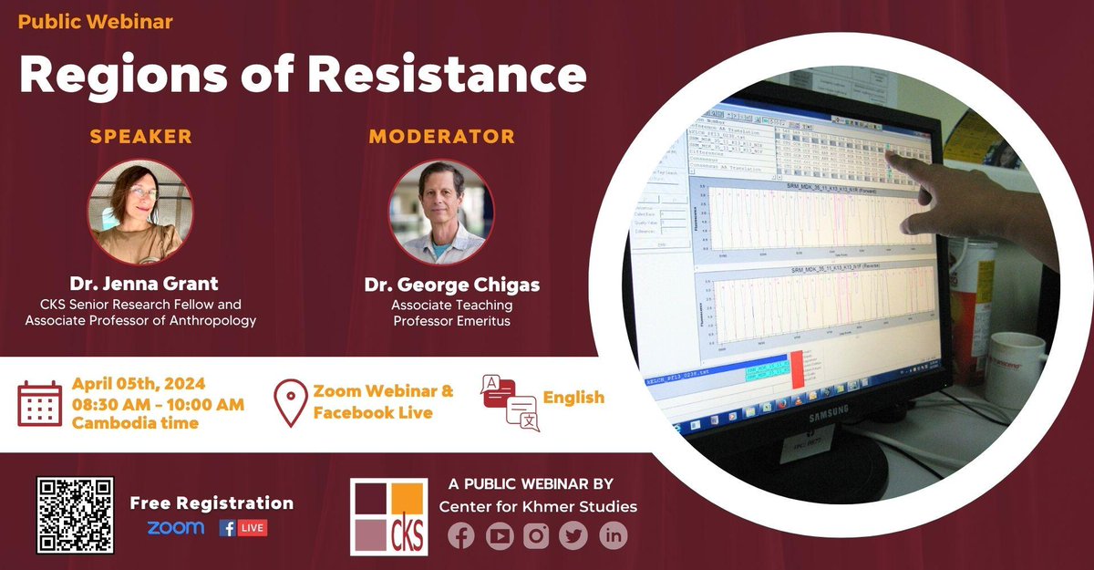 Dr. Jenna Grant joins @ckscambodia for 'Regions of Resistance', a webinar with moderator Dr. George Chigas. April 5 @ 8:30 AM (Cambodia) tinyurl.com/y28d2kpm #SoutheastAsia #PublicPolicy #AcademicTwitter #Cambodia #HealthcarePolicy #Malaria #research #diseaseprevention