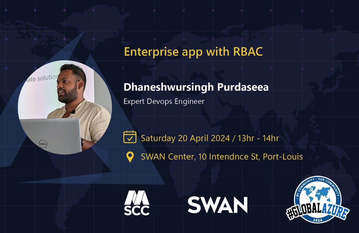 Dive into enterprise app development with RBAC at the #GlobalAzureBootcamp on April 20th! Join Dhaneshwursingh Purdaseea's session and learn best practices for securing your enterprise applications with Azure RBAC. Don't miss out! shorturl.at/yGIUV
#MSCC #Mauritius