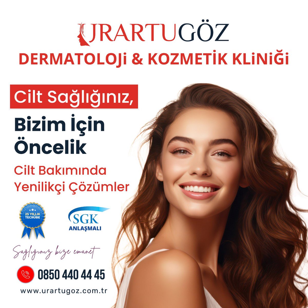 ✨ Cilt Sağlığınız, Bizim İçin Öncelik ✨ Urartu Göz Dermatoloji ve Kozmetik Kliniği olarak, cildinizin derinliklerine hitap eden yenilikçi ve özelleştirilmiş çözümler sunuyoruz. 🔬 Yenilikçi Çözümler, Işıltılı Sonuçlar Randevu almak ve detaylı bilgi için 📞 0 (850) 440 44 45