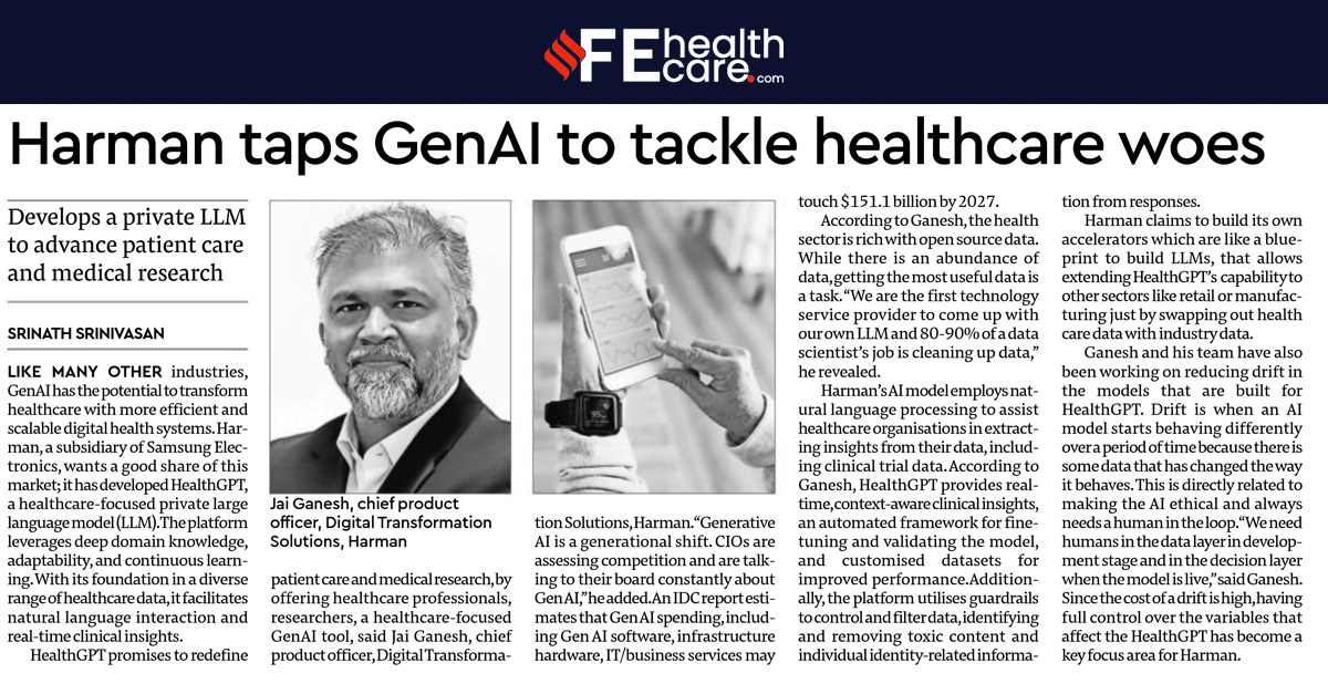 Dr. Jai Ganesh, Chief Products Officer at HARMAN Digital Transformation Solutions speaks to @FinancialXpress about our HealthGPT platform, HARMAN's in- house Large Language Model (LLM). Read the full interview here: bit.ly/3xmTw7X #innovation #digitaltransformation