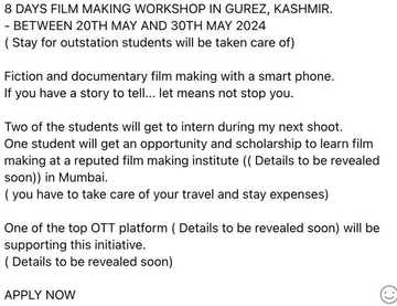 SaqibQashmiri's tweet photo. Acclaimed Bollywood director @IamOnir announces an immersive 8-day filmmaking workshop amidst the breathtaking landscapes of Gurez Valley, #Kashmir.
From May 20th to May 30th, get ready for a journey of creativity & inspiration.
#FilmmakingWorkshop
#earthquake #WhatsApp https://t.co/8AhjgIp8jY