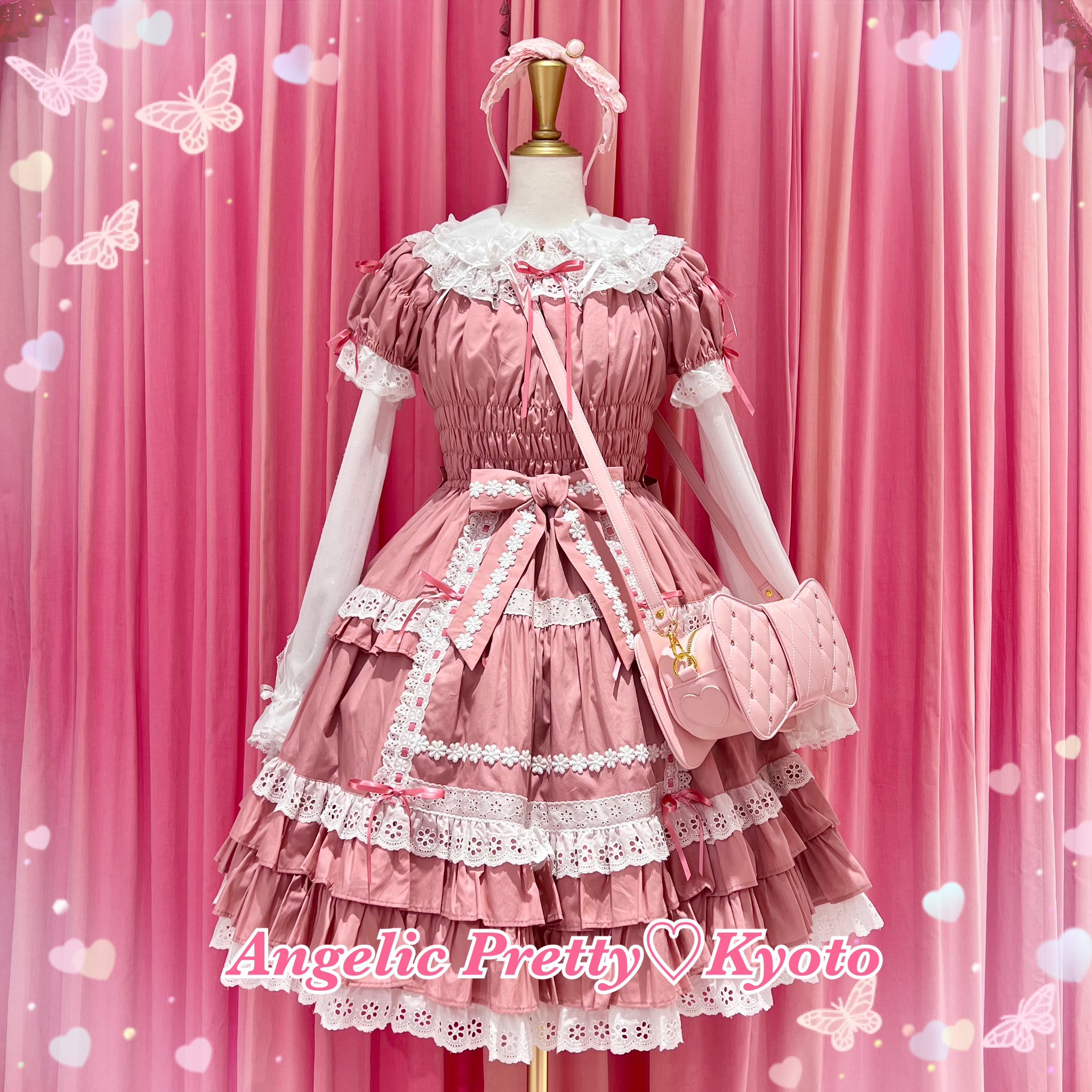 Angelic Pretty お花レースフリルシャーリング ワンピース ピンク Angelic Pretty お花レースフリルシャーリング ワンピース ピンク