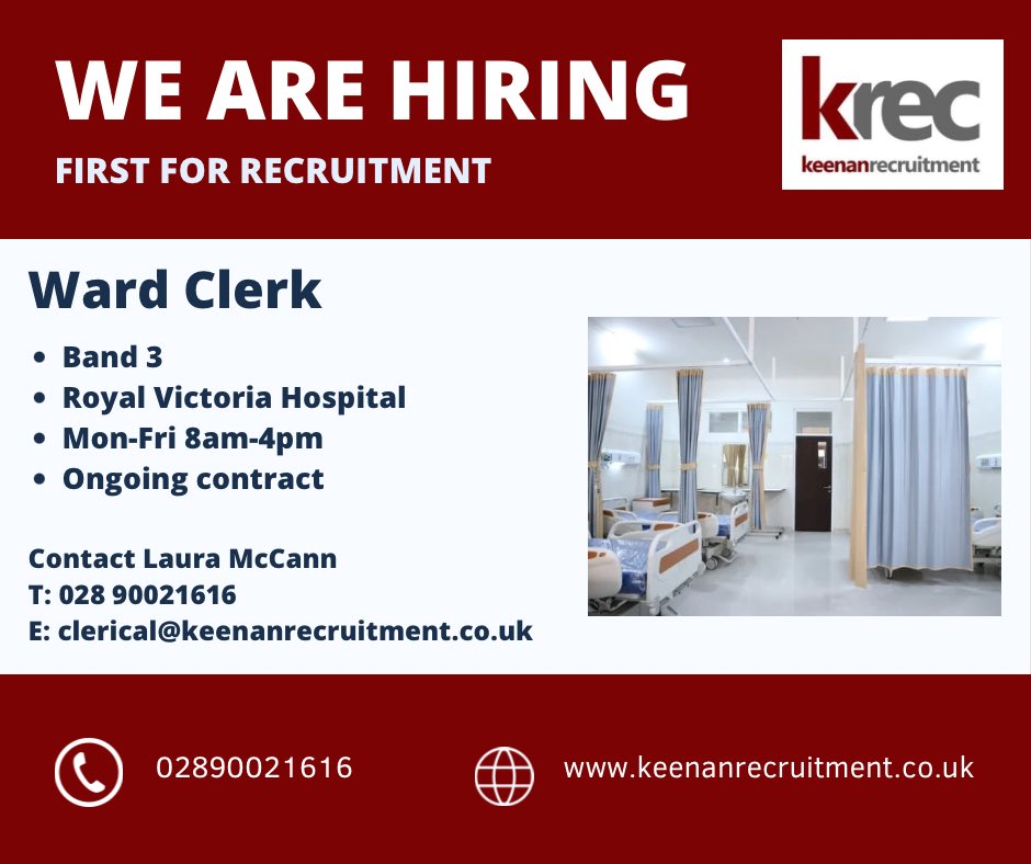 ⭐️ Band 3 Ward Clerk - Belfast ⭐️

Laura is recruiting for an ongoing contract in the Royal Hospital staring ASAP!

📱 Contact Laura McCann for a confidential chat T:02890021616 or clerical@keenanrecruitment.co.uk

#nhsjobs #clericaljobs #belfastjobs