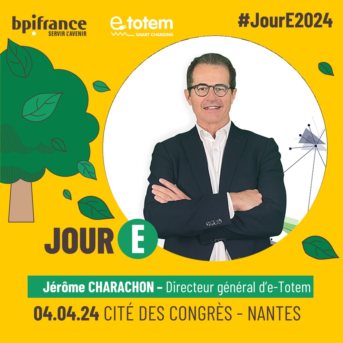 📢 #JourE, c'est aujourd’hui à la Cité des congrès de #Nantes  avec la <a href="/Bpifrance/">Bpifrance</a>  et e-Totem
🎤 Notre directeur général d’e-Totem, Jérôme Charachon interviendra ce matin à 11h pendant l’évènement #JourE qui réunit les entrepreneurs engagés pour le #Climat.​
#JourE #Bpifrance