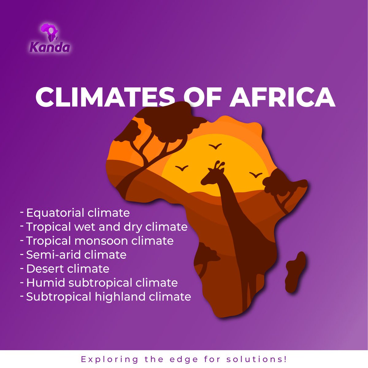 Explore Africa's diverse climates with KandaWeather: - Equatorial 🌴 - Tropical wet and dry 🌧️ - Tropical monsoon 🌊 - Semi-arid 🌵 - Desert 🏜️ - Humid subtropical 🌦️ - Subtropical highland ⛰️ From lush rainforests to arid deserts, Africa's weather is as varied as its landscapes!